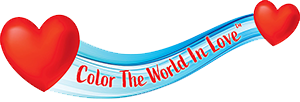 a swoosh brush stroke in shades of blue with a red heart at both ends and the words Color the World in Love tm